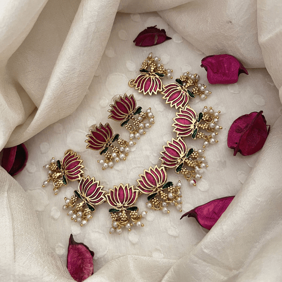 Gold-Plated Red Lotus Pearl Drop Necklace Set – Traditional Enamel Jewelry for Women