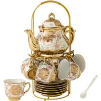 Gold Plated Red Rose Ceramic Tea Set, Vintage Tea Set with Teapot, Beautiful Tea Set Coffee Serving 6 People (pink, Medium)
