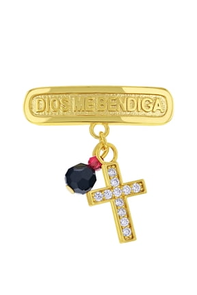 Gold Plated Religious Cross Simulated Azabache Evil Eye Protection Pin Brooch