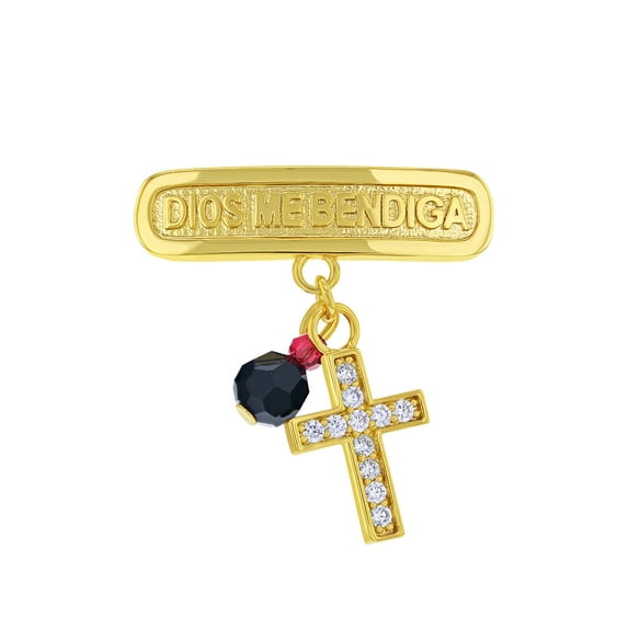 Gold Plated Religious Cross Simulated Azabache Evil Eye Protection Pin Brooch