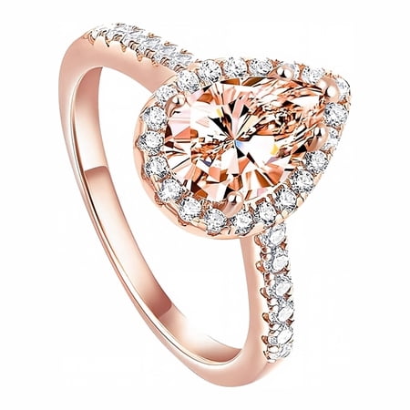 Gold Plated Ring with Shiny Full Cubic Zirconia Classic Champagne Pear-Shaped Rings for Women Birthday Present (US Code 6)