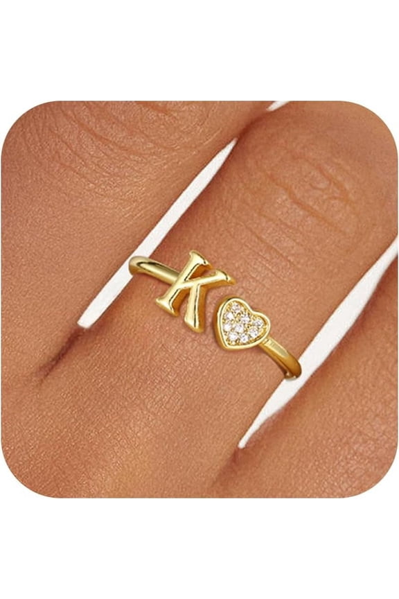 Gold Plated Rings for Women - Dainty 14K Gold Plated Adjustable Letter Rings Gifts Trendy Stuff Initial Ring Birthday Gift for Women Non Tarnish