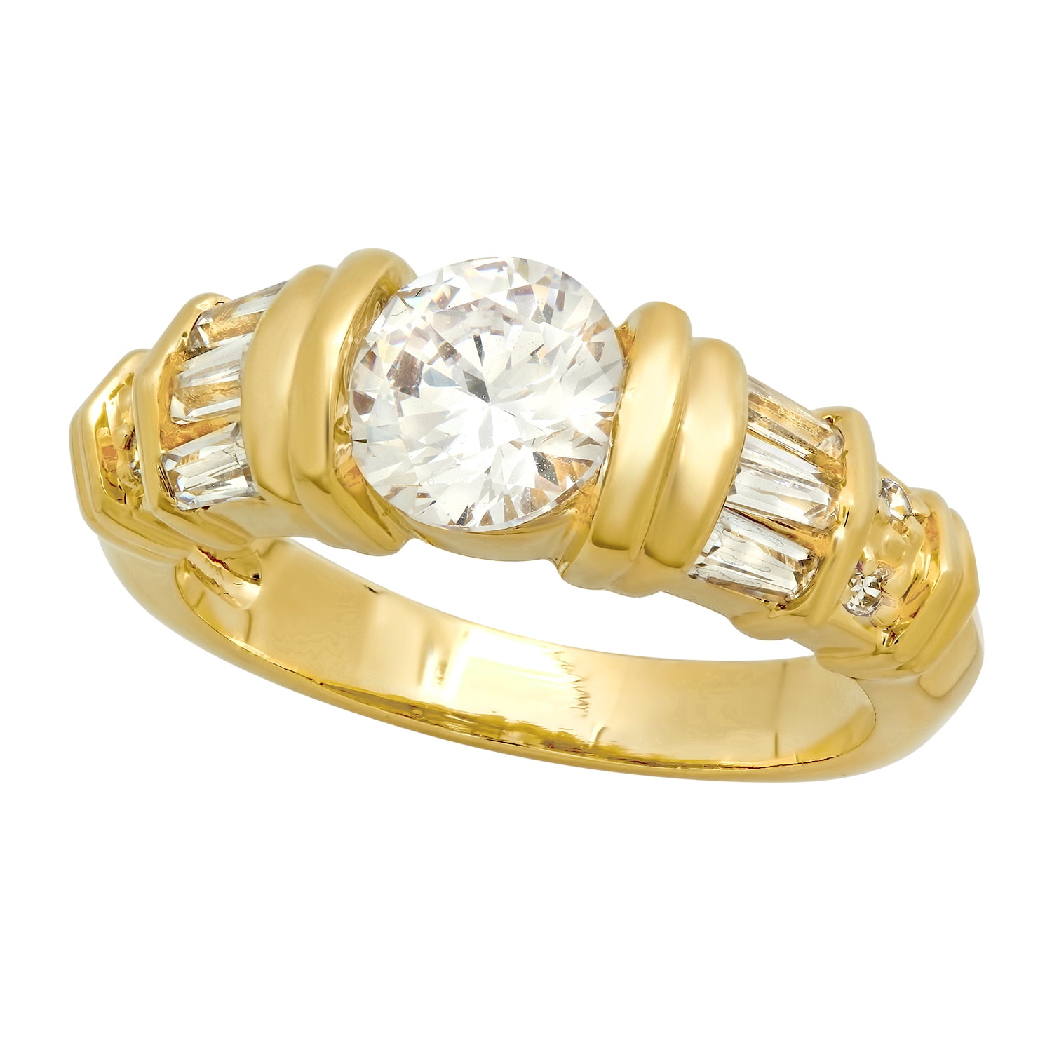 Gold Plated Round CZ Solitaire Ring w/Baguette/Round CZ Accents, Size 9
