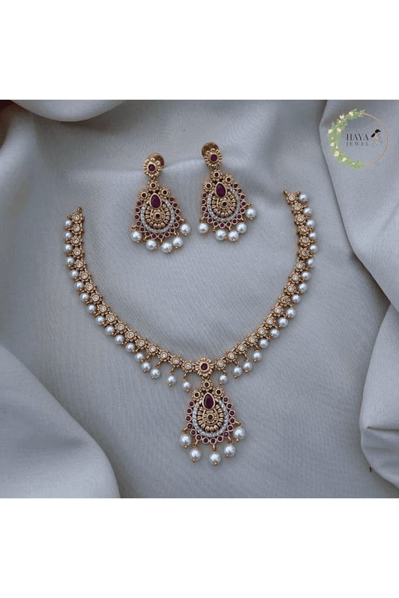 Gold Plated Ruby AD Short Necklace with Chandelier Jhumka Earrings - First Quality CZ Stone, Pearl Necklace, South Indian Pakistani Wedding Party Jewelry