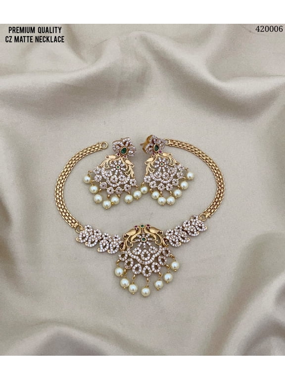 Gold Plated Ruby American Diamond CZ Choker Set South Indian Bollywood Jewelry with Pearl Short Necklace & Jhumka Earrings