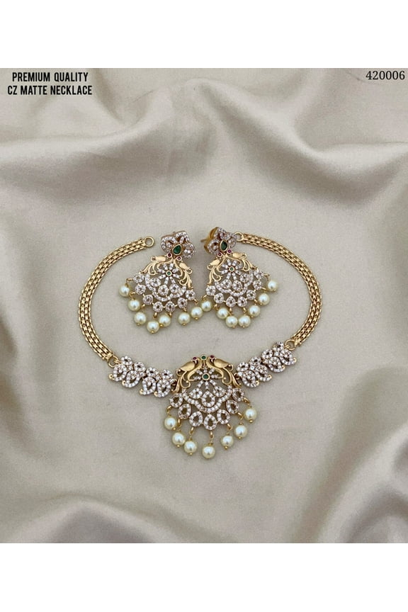 Gold Plated Ruby American Diamond CZ Choker Set South Indian Bollywood Jewelry with Pearl Short Necklace & Jhumka Earrings