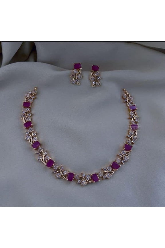 Gold Plated Ruby CZ Choker Set - American Diamond Matte Finish Choker Necklace & Earrings, Ruby Stone Minimalist Bridal Jewelry, CZ Ethnic Short Necklace for Women