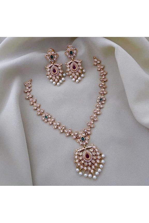 Gold Plated Ruby Green Pearl Matte Finish Haram Necklace Set South Indian Pakistani Jewelry with Whit CZ Stones