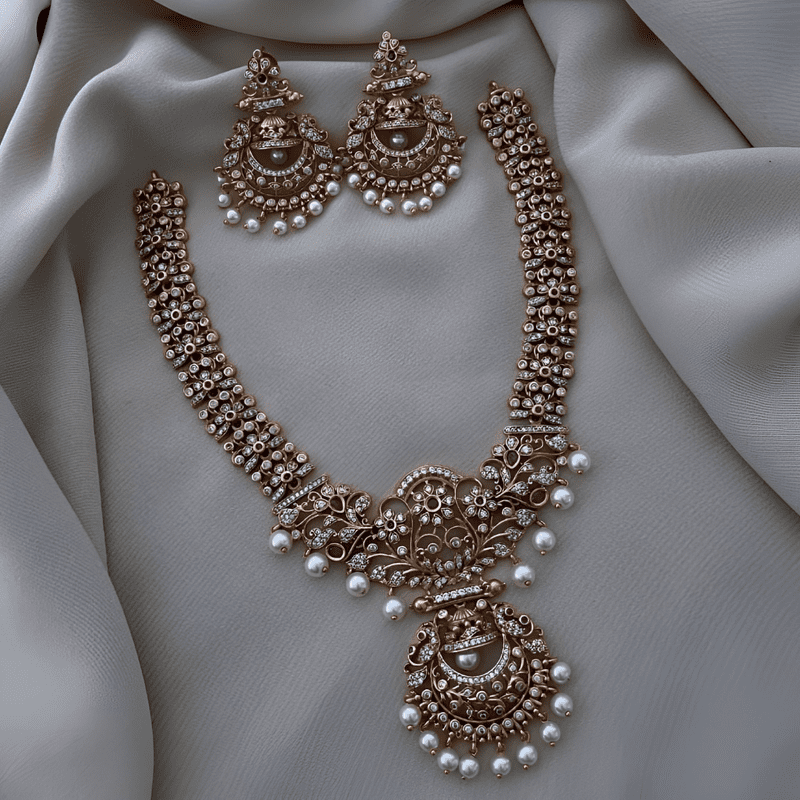 HAYAJEWEL Gold Plated Ruby Long Necklace with Jhumka Earrings - Pearl Bridal Wedding Jewelry Set, CZ Stone, South Indian Bollywood Jewelry for Women