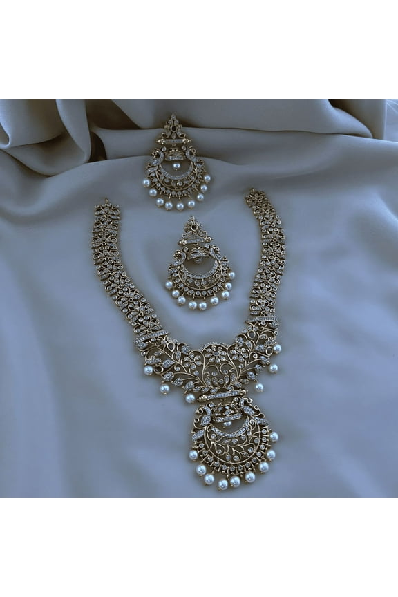 Gold Plated Ruby Long Necklace with Jhumka Earrings - Pearl Bridal Wedding Jewelry Set, CZ Stones, South Indian Bollywood Jewelry for Women