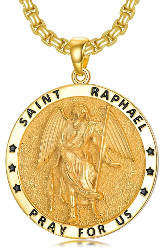 Gold Plated Saint Raphael Necklace 925 Sterling Silver Archangel Raphael Medal Pendant St Raphael Medallion Jewelry Guardian Archangel Raphael Amulet Gift for Men Women