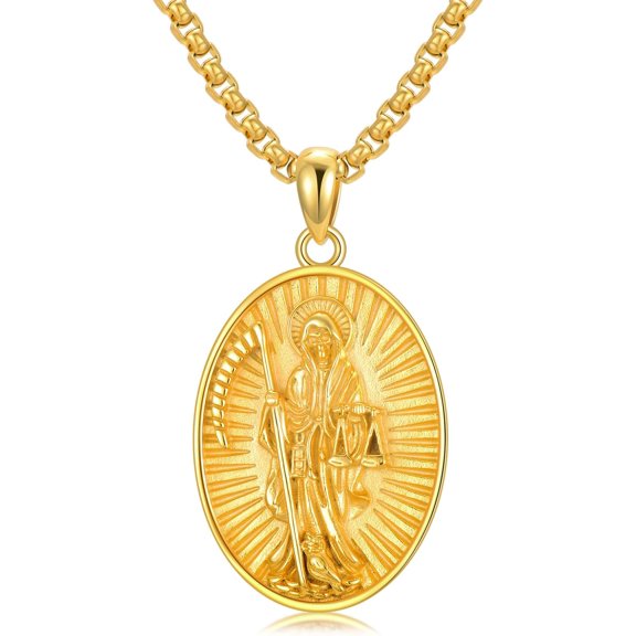 Gold Plated Santa Muerte Necklace 925 Sterling Silver Santa Muerte Pendant Death Moth Jewerly Goth Gift for Men Women
