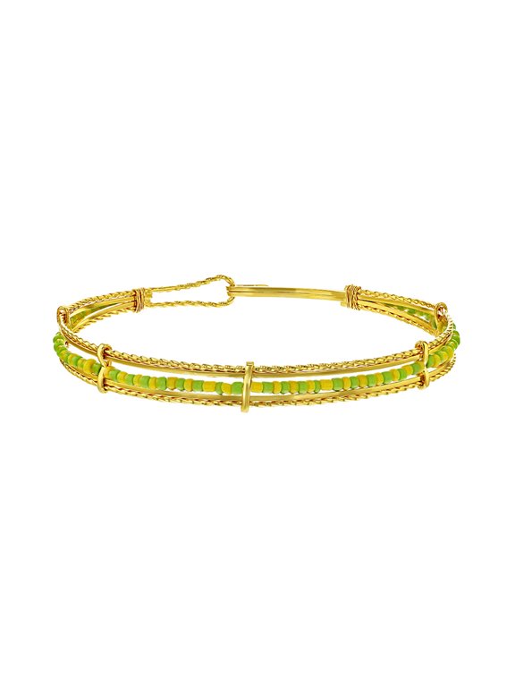 Gold Plated Santeria Babalawo Green & Yellow Beads Women's Bangle Orula Bracelet