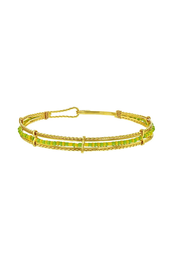 Gold Plated Santeria Babalawo Green & Yellow Beads Women's Bangle Orula Bracelet