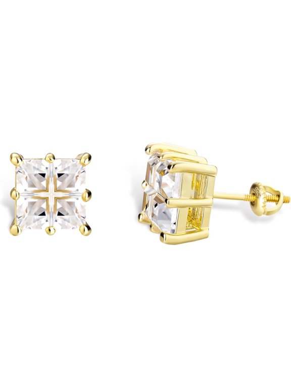 14K Gold Plated Square Stud Earrings for Women Men, 9mm CZ Screw Back Earrings, Hypoallergenic Jewelry Gift