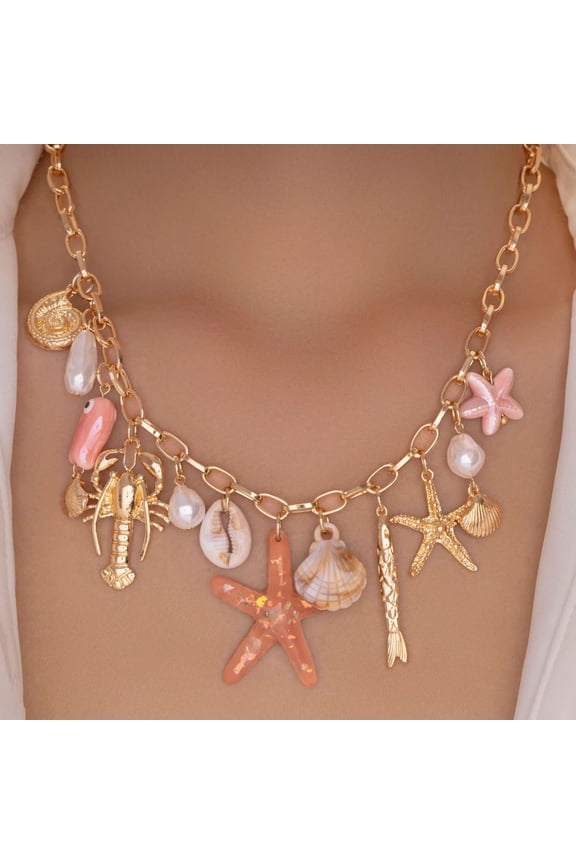 Gold Plated Shell Collar Necklace with Ocean Charms Lobster Starfish, Fashion Paperclip Chain Seashell Conch Collar Bib Statement Chunky Necklaces Summer Beach Jewelry for Women