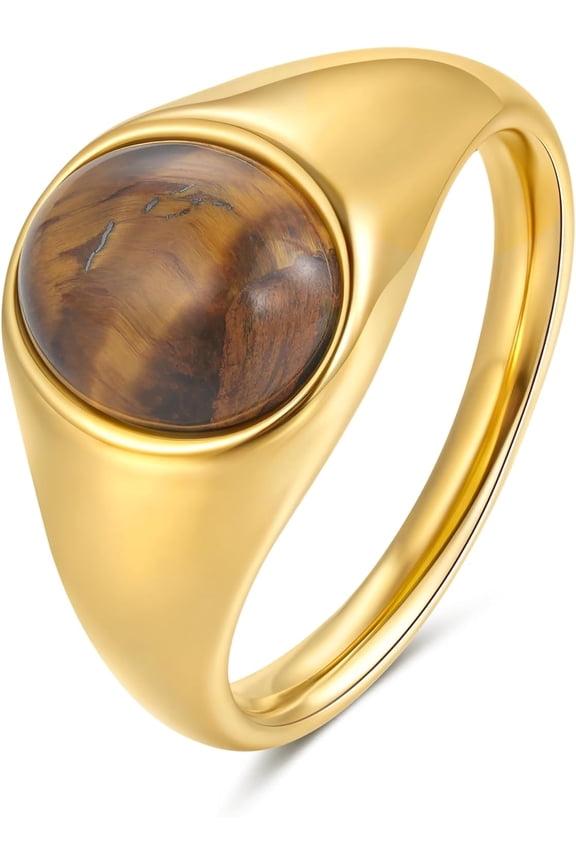 Gold Plated Signet Rings for Women Non Tarnish Stackable Gold Plated Ring, Waterproof Stone Statement Stainless Steel Jewelry Gift