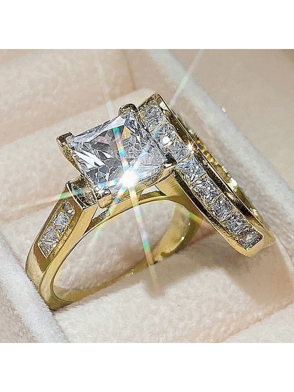 Gold Plated /Silver Plated Cut Cubic Zirconia Ring Set for Women's, 2Pcs Stackable Engagement Wedding Band Statement Party Cocktail Promise CZ Jewelry Gift for Women (Gold,Size 9)