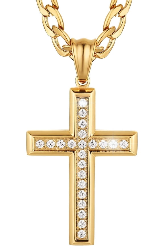 Gold Plated Solid CZ Cross Necklace For Men Women Stainless Steel Religion Jewelry With 24 Inch Figaro Chain