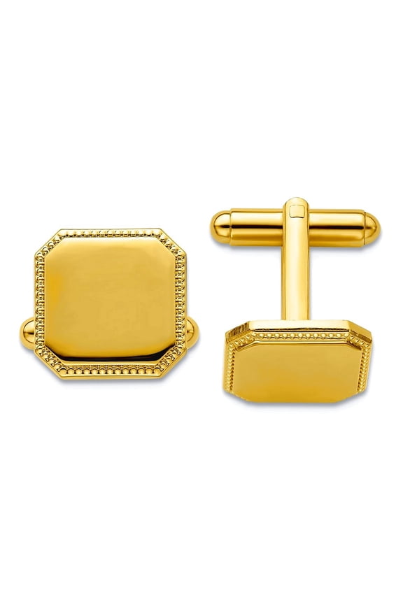 Gold Plated Solid Polished Engravable (front only) Square Beaded Cuff Links 15x15mm Wide Cuff Link for Men