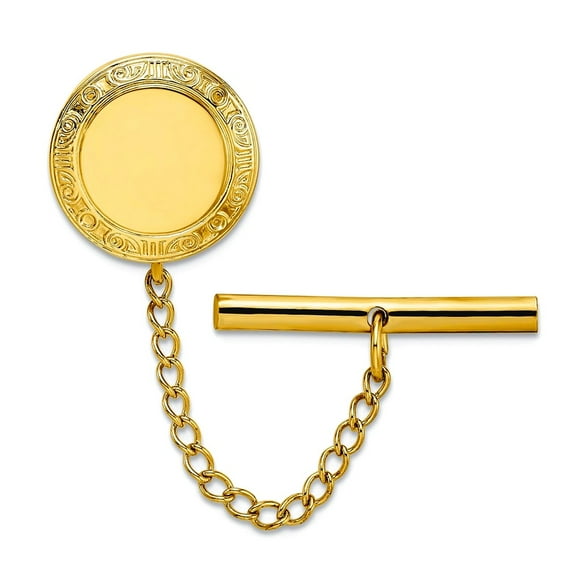 Gold Plated Solid Polished Patterned Engravable (front only) Round Tie Tack 14x14mm Wide Tie Clip for Men