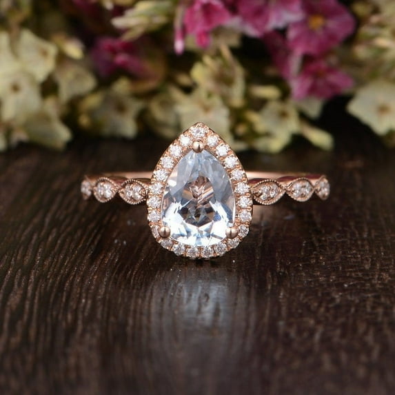 Gold Plated Solid Silver Wedding Ring Pear Cut Natural Aquamarine Engagement Ring Moissanite Accented Halo Ring