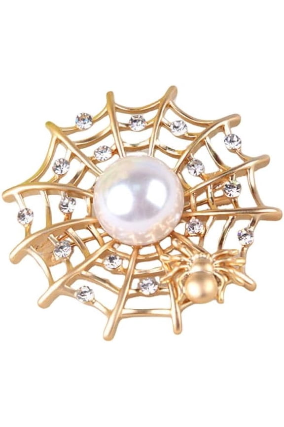 Gold Plated Spider Web Rhinestone Lapel Brooch Pin Sparkling Crystal Faux Pearl Halloween Costume Pins Clip Sweater Hat Dress Suit Badges Backpack Brooches Dainty Jewelry Gifts
