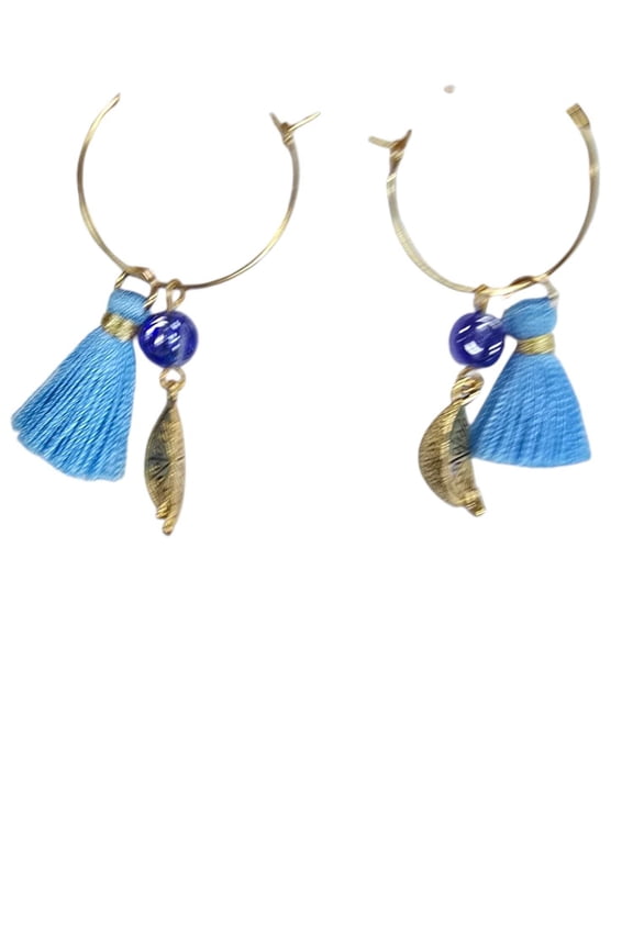 Gold-Plated Stainless Hoop Earrings with Blue Tassel and Lemon Pewter Charm | Unique Citrus Jewelry