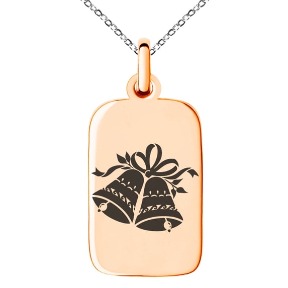 Gold Plated Stainless Steel Festive Christmas Bells and Holly Engraved Small Rectangle Dog Tag Charm Pendant Necklace