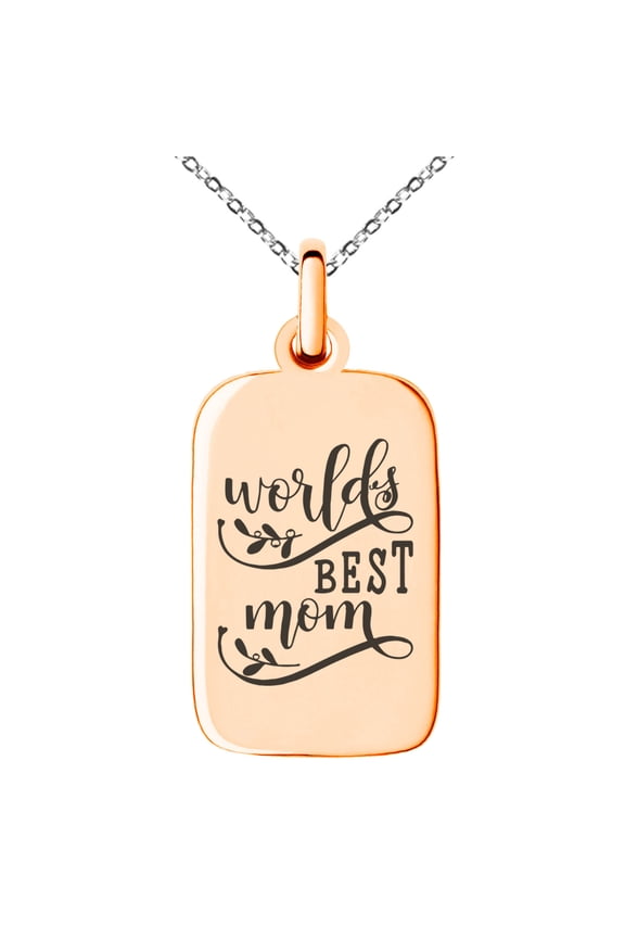 Gold Plated Stainless Steel Floral World's Best Mom Small Rectangle Dog Tag Charm Pendant Necklace