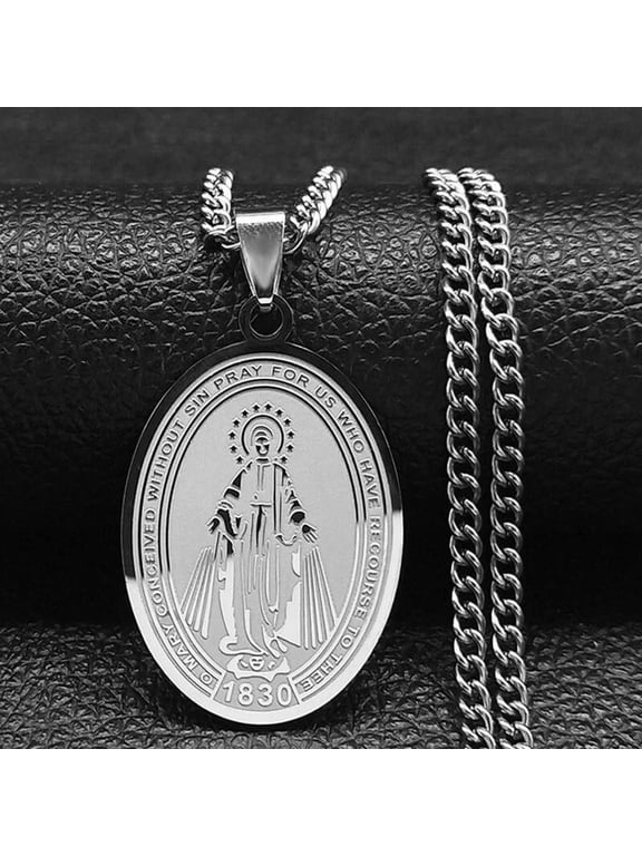 Stainless Steel Silver Plated Guadalupe Virgin Mary Polished Curb Chain Necklace 16 Inch Lobster Clasp N66