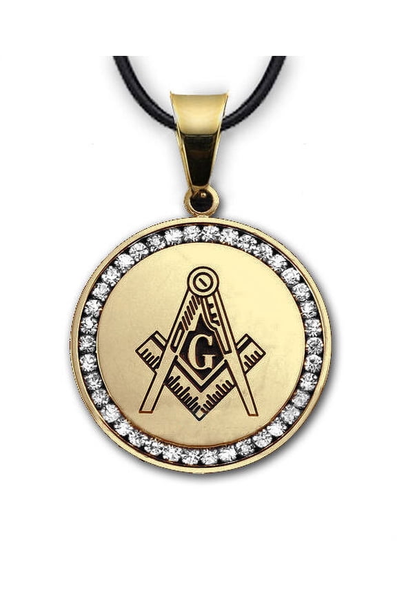 Gold Plated Stainless Steel Masonic Freemason Pendant. CZ w/ Square and Compass
