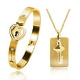 thumbnail image 1 of Gold Plated Stainless Steel Matching Puzzle Couples Heart Bracelet and Shield Key Pendant Necklace for Men and Women SN300, 1 of 6