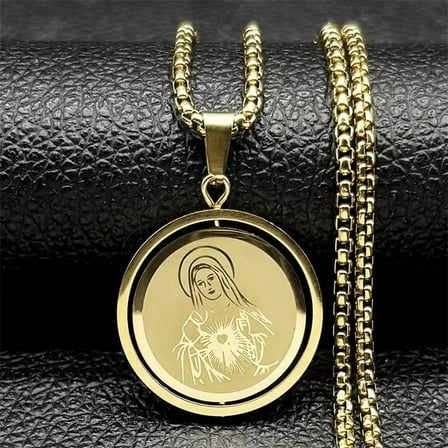 Gold Plated Stainless Steel Pendant Guadalupe Virgin Mary Box Necklace N53