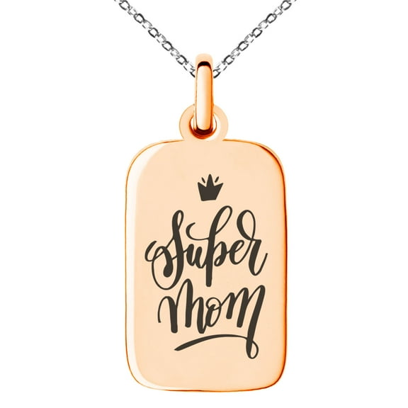 Gold Plated Stainless Steel Super Mom Small Rectangle Dog Tag Charm Pendant Necklace