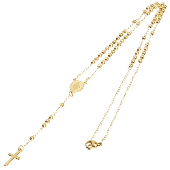 Gold Plated Stainless Steel Virgin Mary Guadalupe and Cross 24" Rosary Necklace SRY 501 G