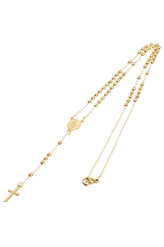 Gold Plated Stainless Steel Virgin Mary Guadalupe and Cross 24" Rosary Necklace SRY 501 G