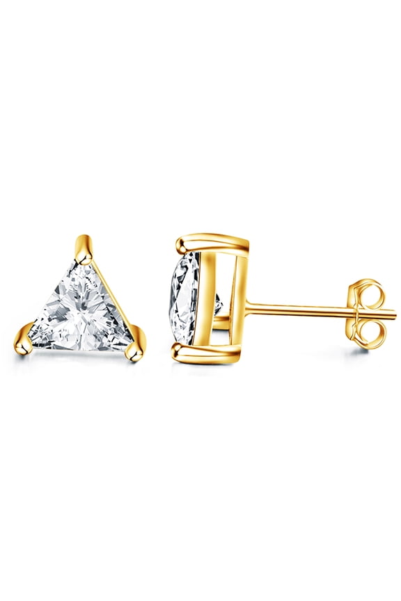 Gold Plated Sterling Silver 3 Prong Triangle Shape Cubic Zirconia Stud Earrings