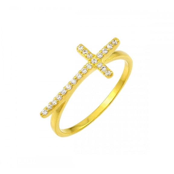 Gold Plated Sterling Silver 925 Clear CZ Cross Ring Christian Band White Jewelry Female Size 9