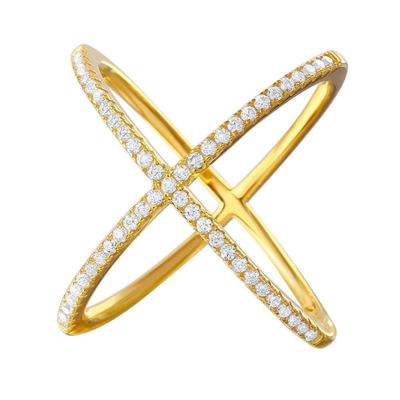 Gold Plated Sterling Silver 925 Nickel Free Criss Cross Ring Band White Cubic Zirconia Female Size 5