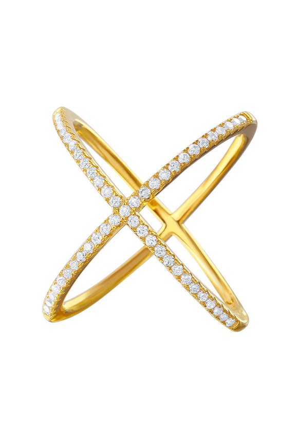 Gold Plated Sterling Silver 925 Nickel Free Criss Cross Ring Band White Cubic Zirconia Female Size 9