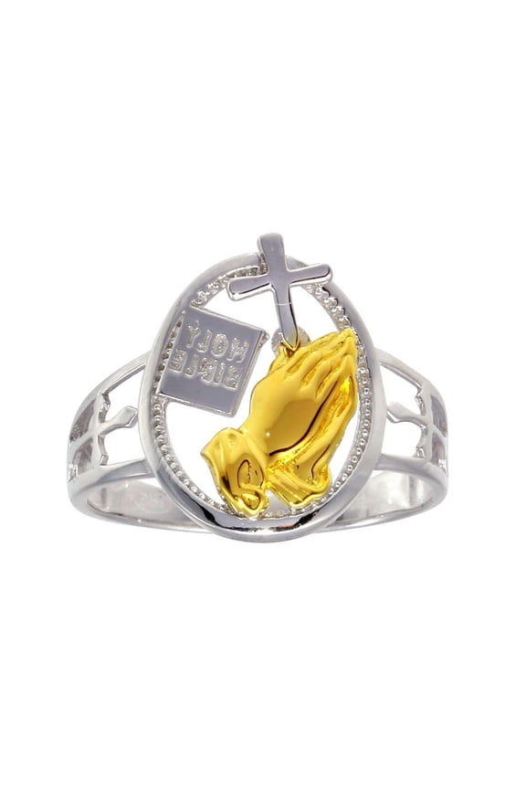 Gold Plated Sterling Silver 925 Praying Hand Cross Christian Love Ring Jewelry Female Male Size 8