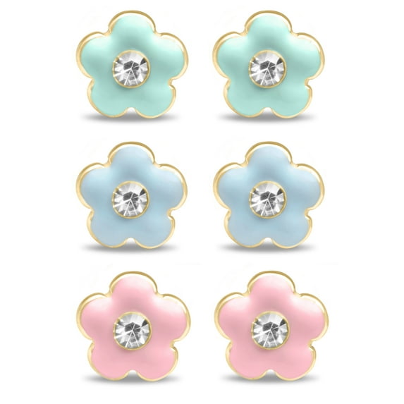 Gold Plated Sterling Silver Blue, Mint Green, Light Pink Pastel Enamel Crystal Flower (NO STEM) Stud Earrings - Age 3-4