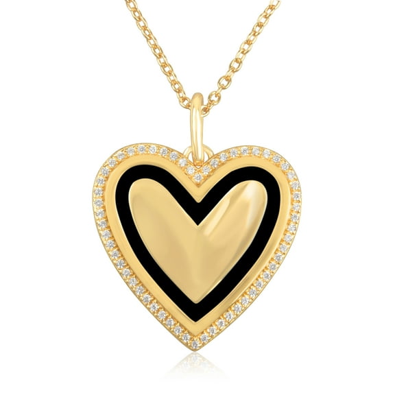 Gold Plated Sterling Silver CZ Black Enamel Heart Pendant Necklace for Women