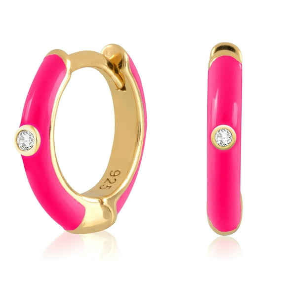 Gold Plated Neon Pink Enamel with CZ Huggie Hoop Earrings for Women