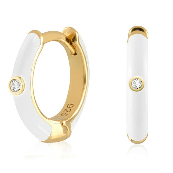 Gold Plated White Enamel with CZ Huggie Hoop Earrings for Women