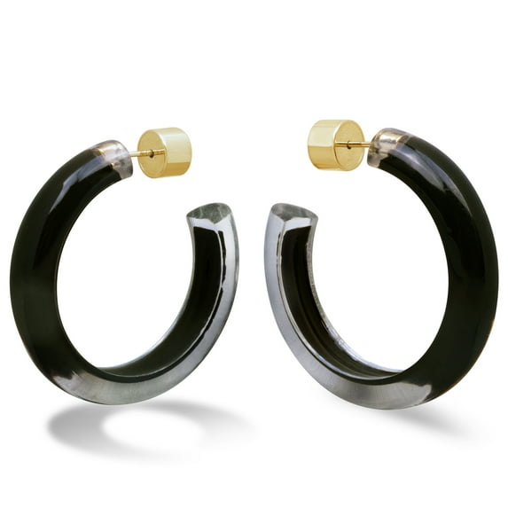 Gold Plated Sterling Silver Clear Lucite / Solid Black 37.50MM Open Hoop Earrings - Round Flat Edge