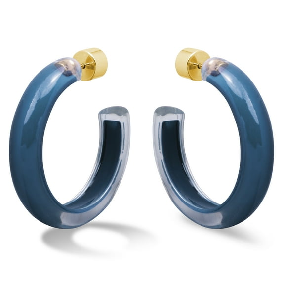 Gold Plated Sterling Silver Clear Lucite / Solid Navy 37.50MM Open Hoop Earrings - Round Flat Edge