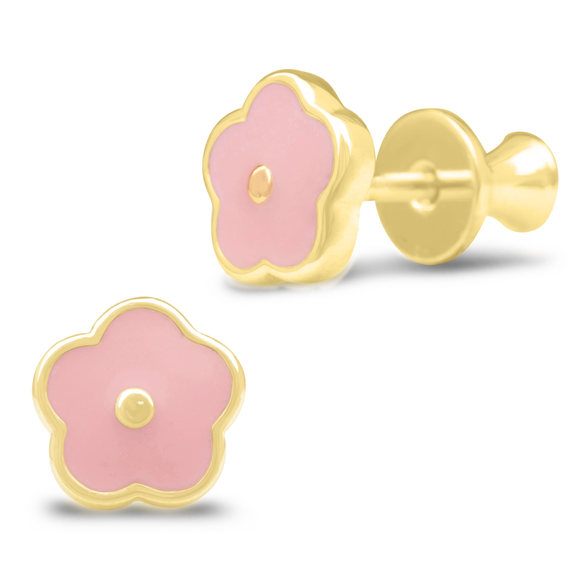 Gold Plated Sterling Silver Enamel Pink Flower Stud Earrings for Girls (6MM  x 6MM x 1.4MM)