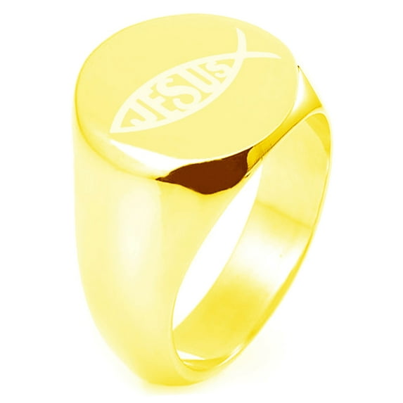 Gold Plated Sterling Silver Ichthus Jesus Fish Symbol Engraved Round Flat Top Polished Ring